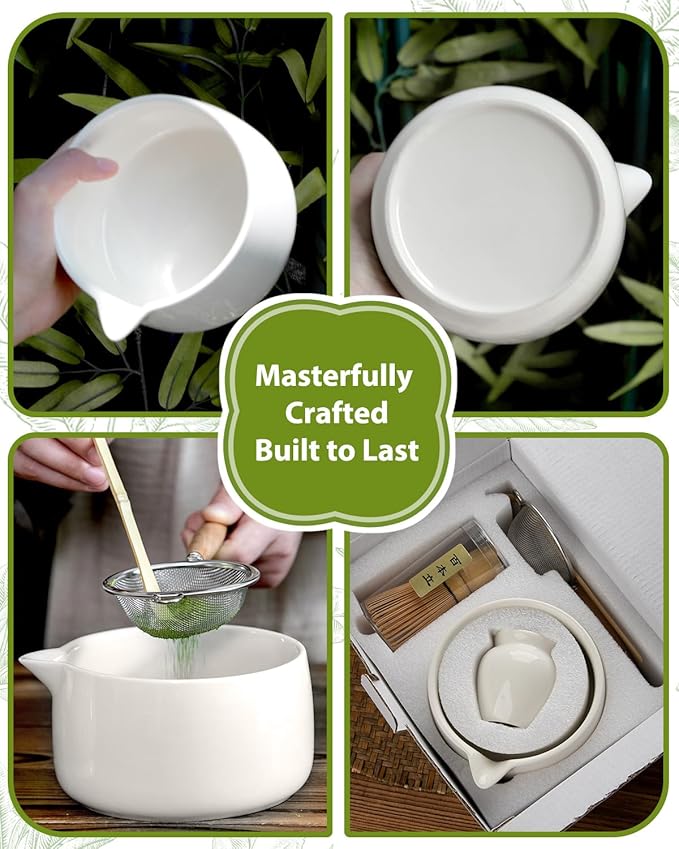 20OZ Matcha Whisk Set - 5PCS Matcha Kit Includes Ceramic Bowl with Spout, Bamboo Whisk with Holder, Bamboo Scoop and Sifter, Matcha Set for Ceremony