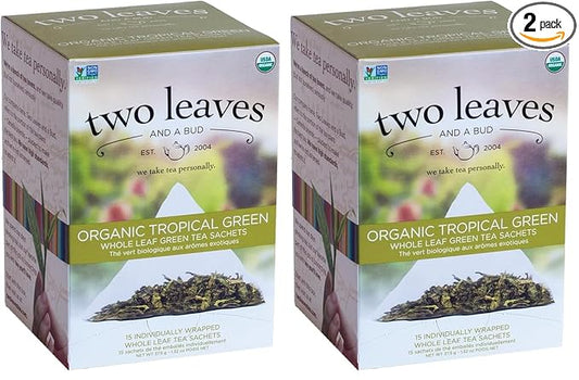 Two Leaves and a Bud Organic Tropical Green Tea, Whole Leaf Sencha Green Tea, 15 Count (Pack of 2)