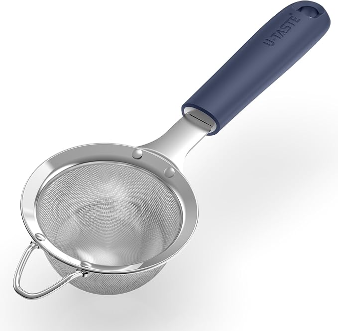 U-Taste Small Fine Mesh Strainer: 18/8 Stainless Steel 3.35in 30 Mesh Kitchen Food Sieve with Sturdy Riveted Silicone Handle, Heavy Duty Deep Handheld Metal Colander for Tea, Juice (Midnight Blue)