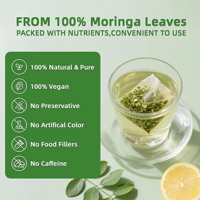Premium 110 Moringa Leaf Tea Bags, 100% Pure Moringa Leaf Tea.Supports Immunity, Energy & Digestion, No Sugar, No Caffeine, No Gluten, Vegan.