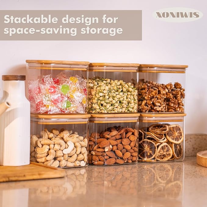 26oz 6PCS Rectangle Glass Pantry Containers with Lids, Glass Jars with Lids, Clear Food Storage Jars, Small Canister for Salt, Pepper, Spices, Nuts