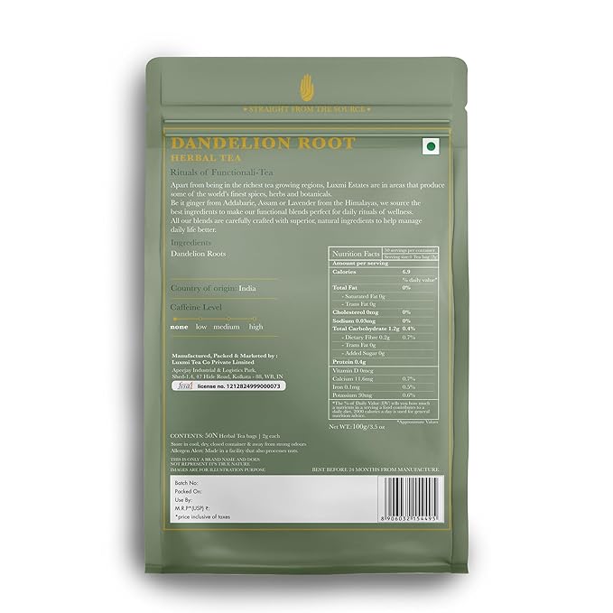 Luxmi Estates Pure Dandelion Herbal Organic Dandelion Tea (50 Tea Bags) Caffeine Free Tea Bags For Detox, Cleansing, and Digestion, With Certified Organic Dandelion Root Tea