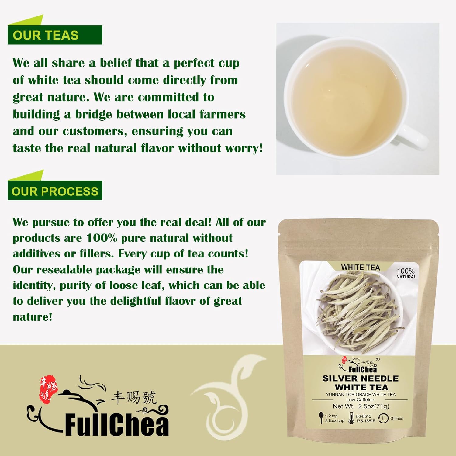 FullChea - White Tea Loose Leaf - Yunnan Silver Needle White Tea - Low Caffeine - Bai Hao Yin Zhen - Refreshing Woody Aroma - 2.5oz/71g (Pack of 2)