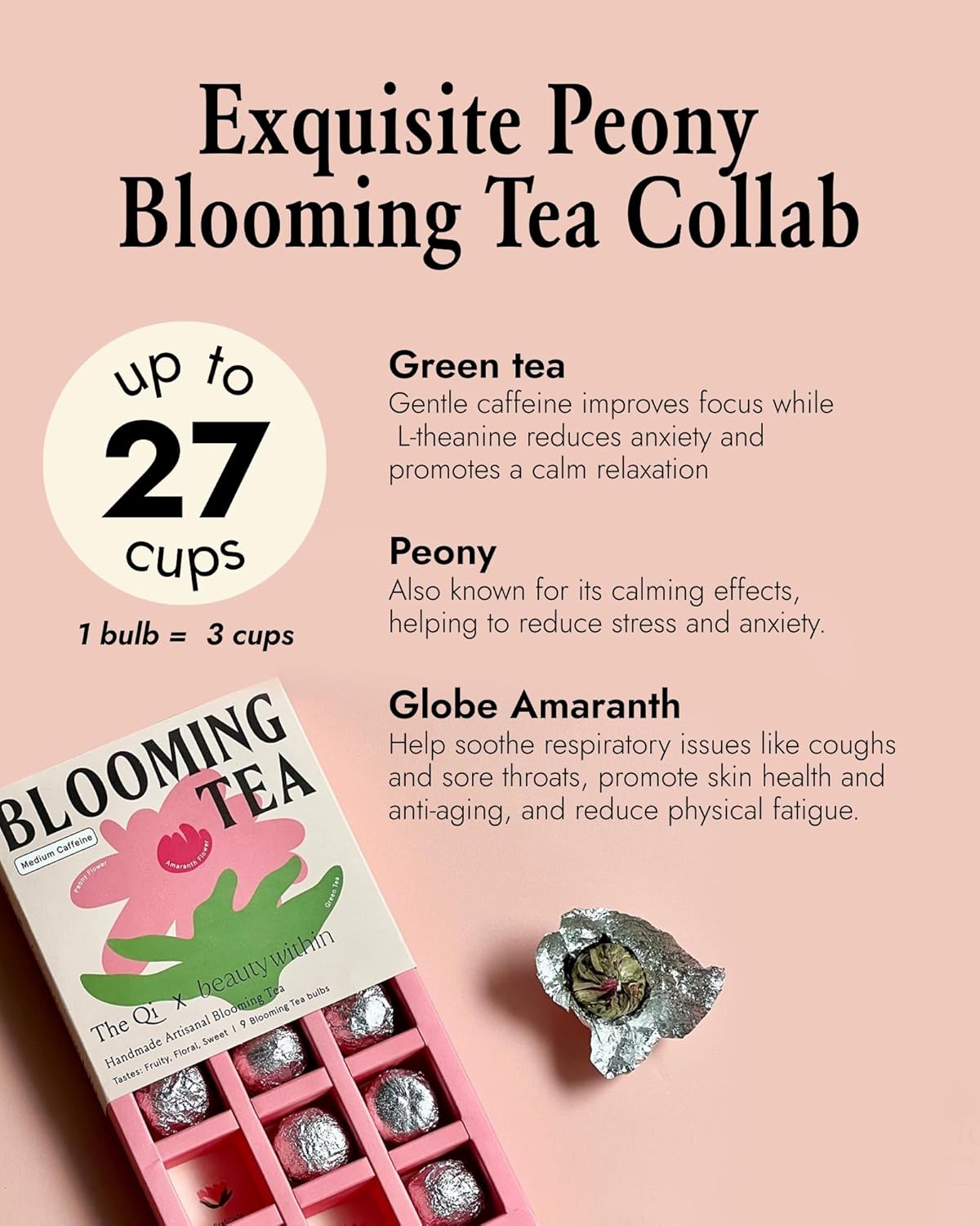 The-Qi Inner Beauty Peony Blooming Flower w/Green Tea – 9 Pcs Handpicked All Natural Blooming Flower Tea – Peony & Globe Amaranth Blend Qi Gift Set for Relaxation & Wellness – Makes 27 Cups