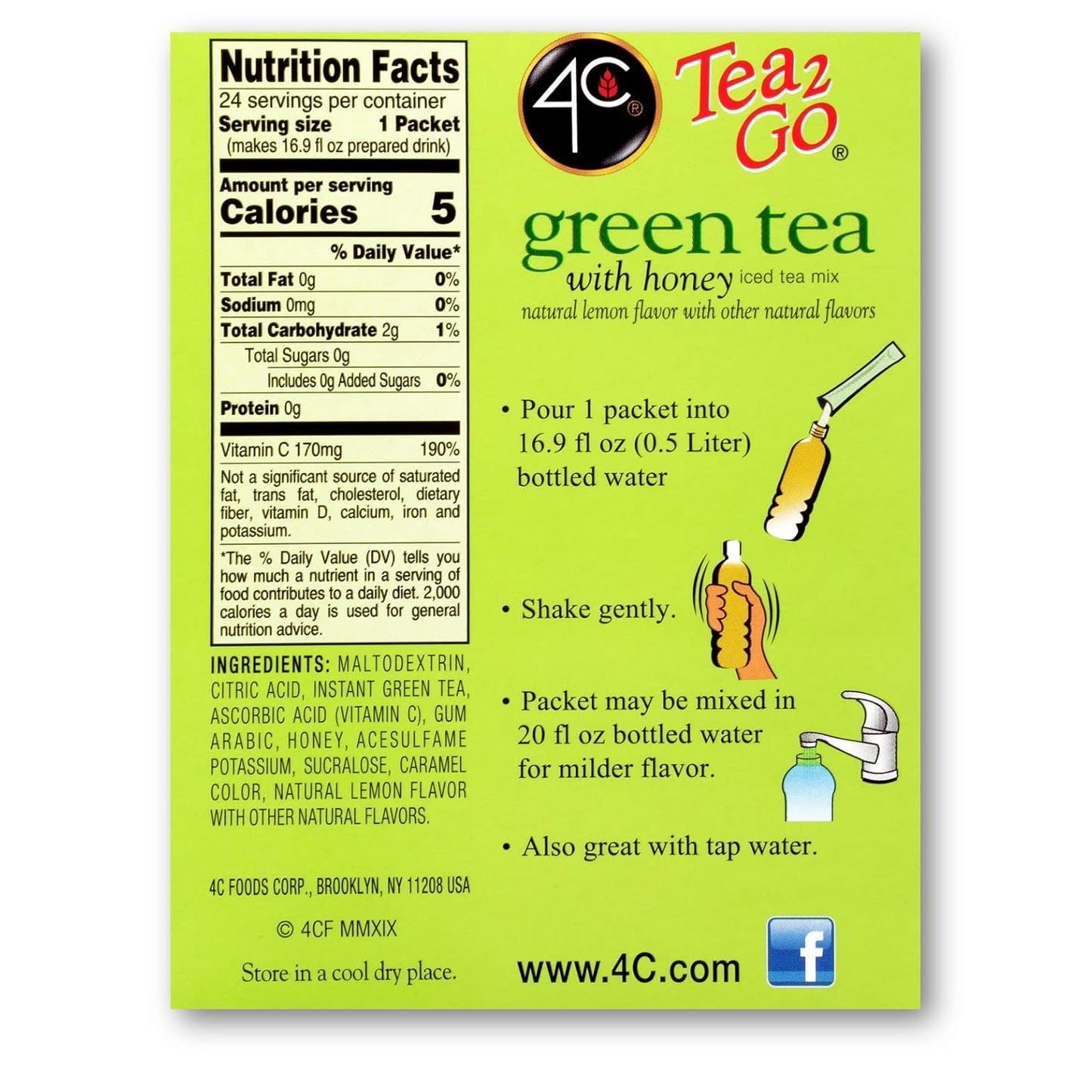 4C Powder Drink Mix Packets, Green Tea 1 Pack, 24 Count, Singles Stix On the Go, Refreshing Sugar Free Water Flavorings