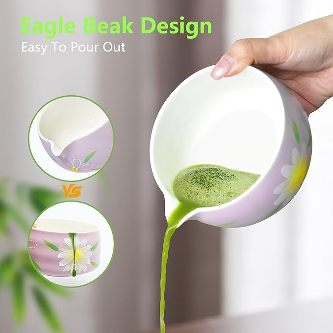 7 Piece Matcha Whisk Set - Ceramic Matcha Bowl with Spout, Bamboo Whisk, Scoop, Sifter, Holder & Towel - Japanese Matcha Making Kit for Home, Gifts for matcha Lovers