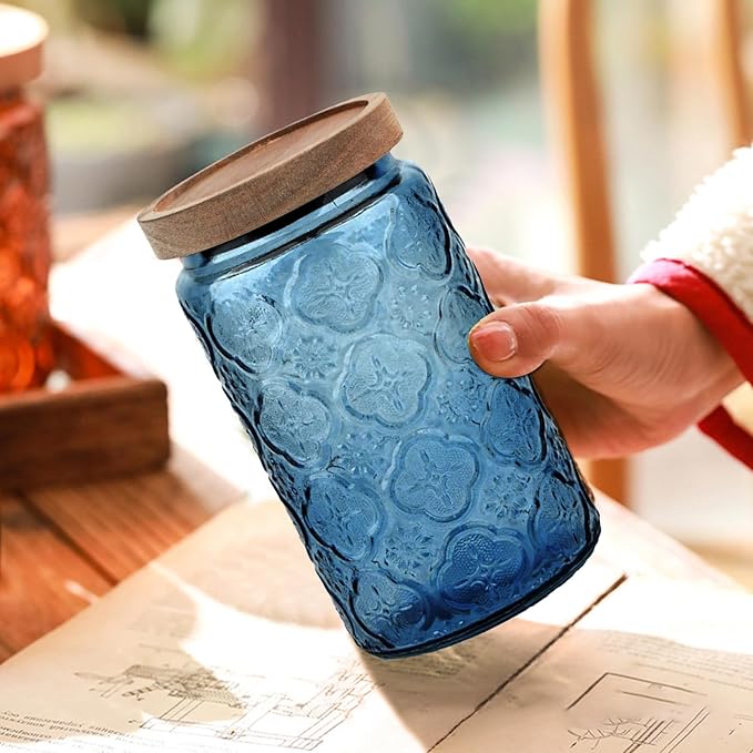 Glass Jar with Lid, Vintage Glass Storage Jars with Airtight Lid Coffee Canister Sugar Container for Kitchen Counter Pantry, Spice, Candy