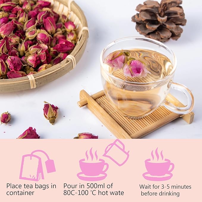 Rose Tea– Dried Rose Buds, Mini Rosa Te, 20 Tea Bags (70g / 2.47oz), rose petals edible, Sweet and Floral Aroma, No Added Sugar, Edible Flowers for Cocktails, Healthy Creative Drinks, Cake Decorating, Dessert or Crafts, Improve Mood, Digestion & Skin