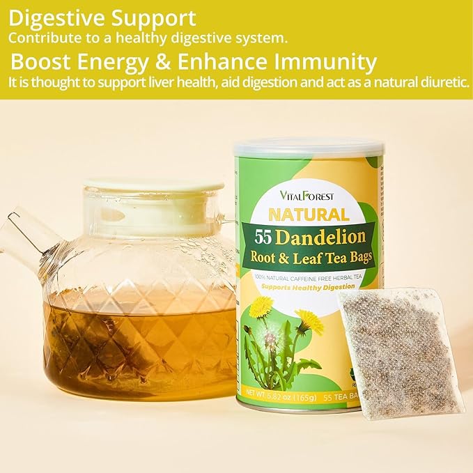 55 Dandelion Tea Bags, 3g/Bags 5.82oz, VitalForest Natural Dandelion Leaf and Root Tea, Dried Dandelion Root Tea Leaves, Caffeine Free