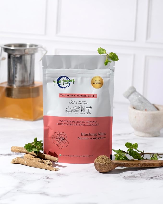 Blue Pepper Mint Tea Infusion, Refreshing Mint Blend with Rose Petals, Coriander, Licorice Root & Amla, Caffeine-Free Natural Beverage