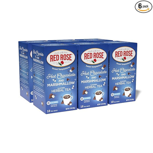 Red Rose Sweet Temptations Dessert Tea Hot Chocolate with Marshmallow, Zero Carbs, Zero Sugar Bursting with Flavor Caffeine-Free Delicious Beverage Herbal Tea, 18 Count Naturally Flavored Herbal Tea Pack of 6
