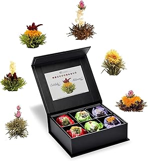 Creano Tea Flowers Mix 6pcs Set Blooming Tea, Green Tea, White Tea & Black Tea in Elegant Magnetic Box with Silver Embossing