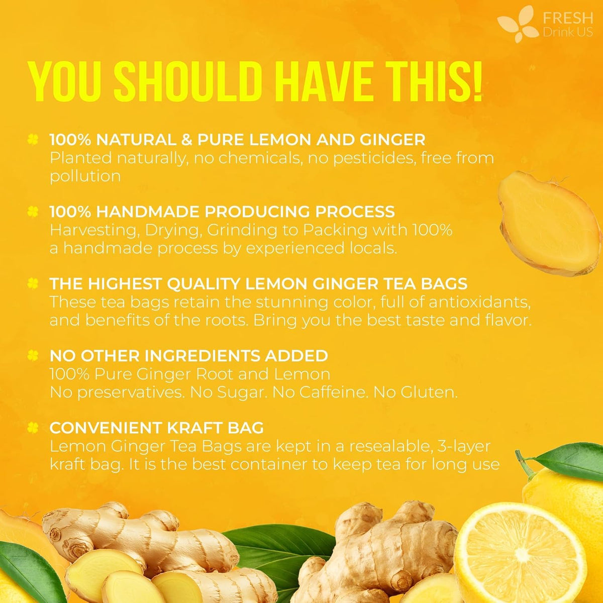 FreshDrinkUS, Premium Lemon Ginger Tea, 150 Count, Caffeine-Free Blend