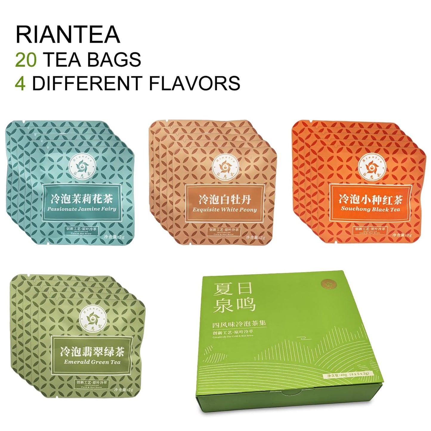 Rinatea Premium Cold Brew Tea Bags - 4 Flavor Variety Pack | 100% Natural Loose Leaf Tea | Perfect Iced Tea Gift Set for Refreshing & Delicious Taste（20 counts)