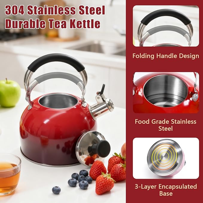 Tea Kettle Stovetop,Stainless Steel Whistling Tea Kettle For Stove Top, 2.5 Qt Tea Pot With Folding Handle