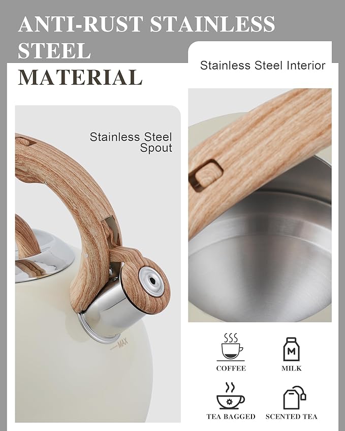 Tea Kettle Stovetop,2.7QT Stainless Steel Whistling Teapot for Stove Top Aesthetic,Portable Water Kettles Camping with Anti-hot Silicone Handle