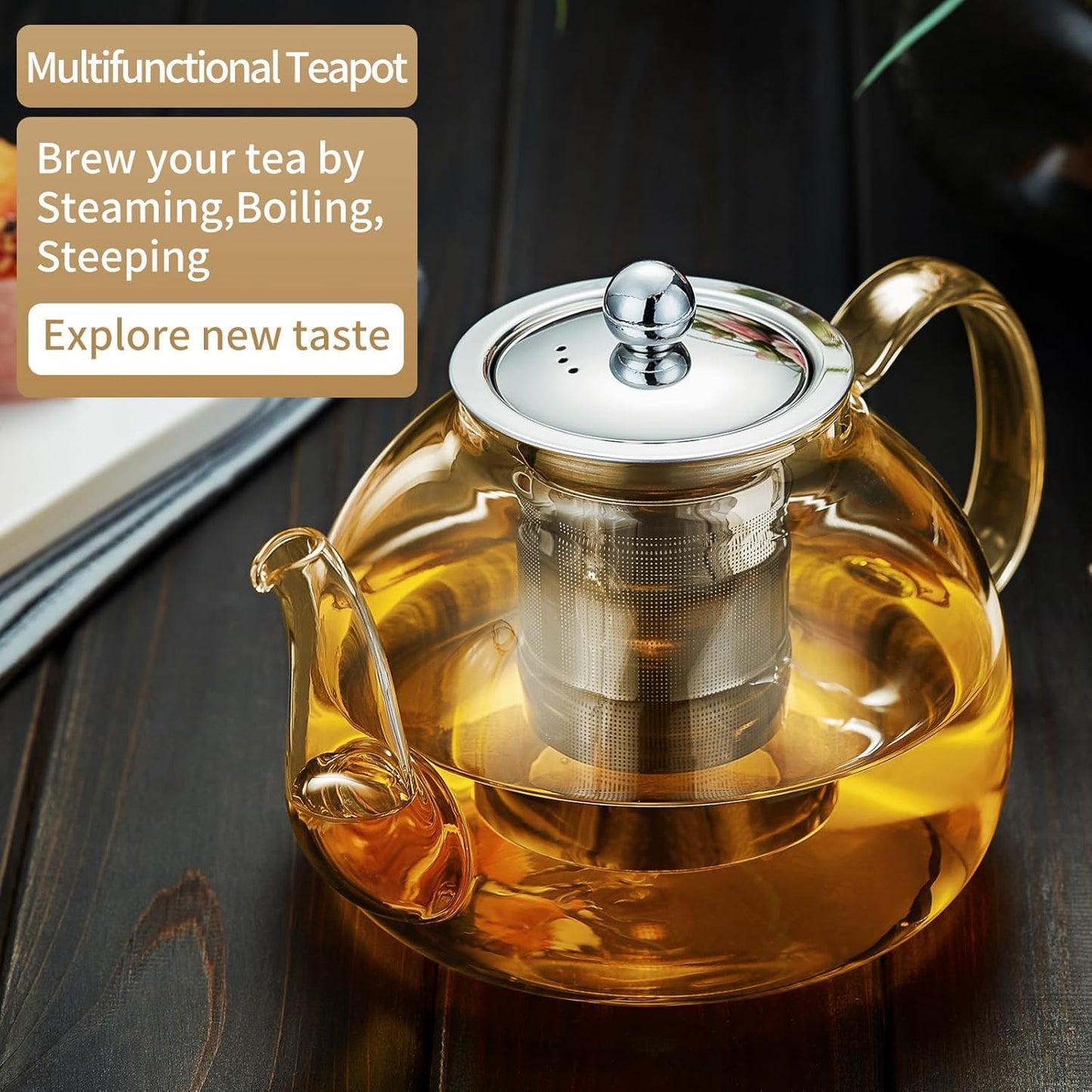 DOPUDO Glass Teapot with Infuser, 40 oz Borosilicate Tea Kettle | Clear borosilicate glass with removable 18/8 steel infuser for stovetop brewing of loose-leaf, herbal, and blooming tea.