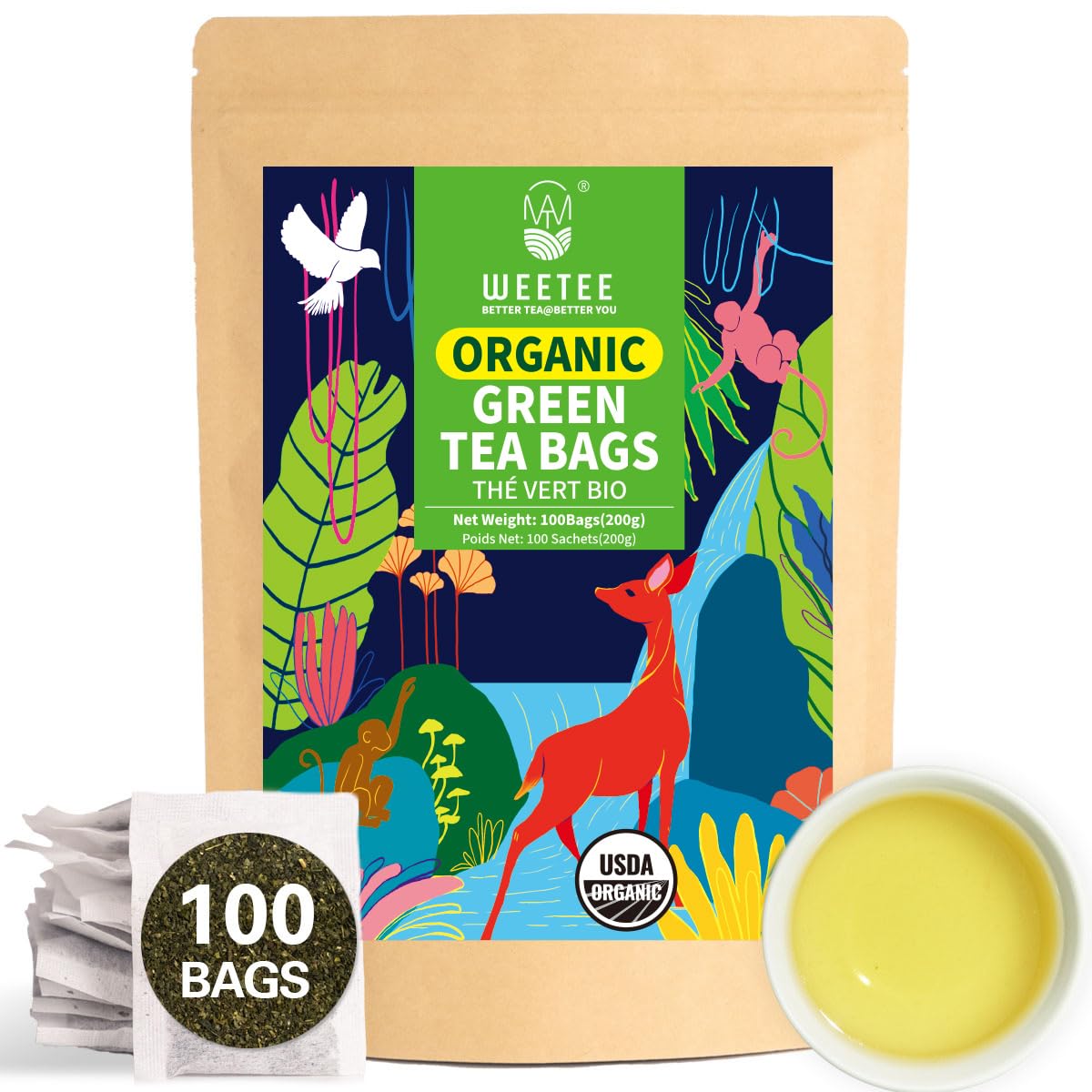WT Weetee Organic Green Tea Bags, Organic Pure Green Tea 100 Count, Super Antioxidant, Resealable Kraft Bag, Brew Hot or Iced