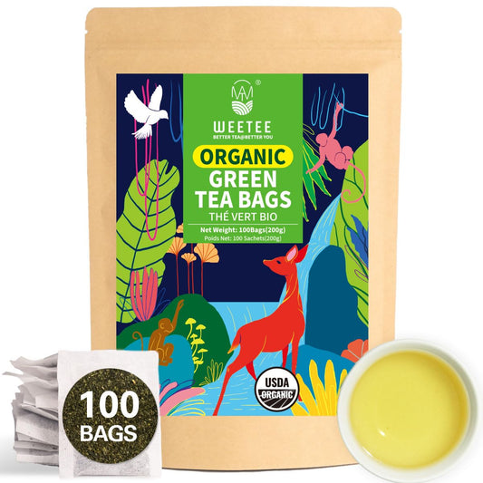 WT Weetee Organic Green Tea Bags, Organic Pure Green Tea 100 Count, Super Antioxidant, Resealable Kraft Bag, Brew Hot or Iced