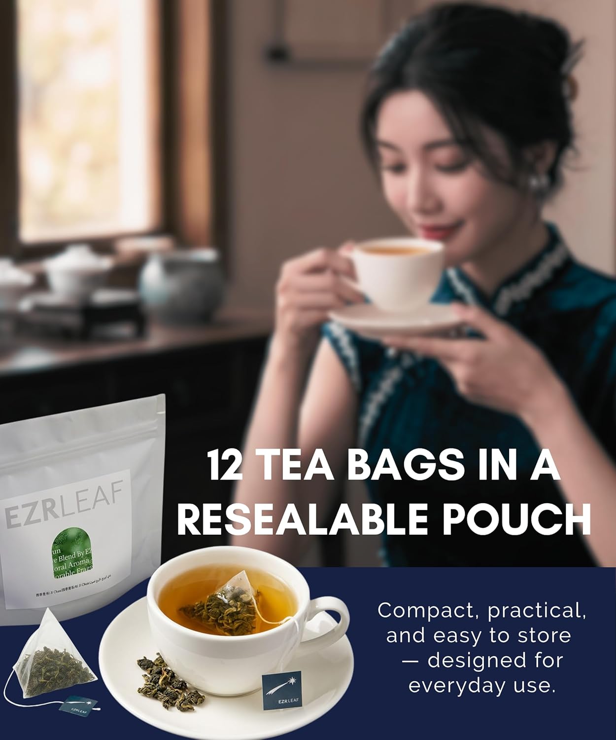 Premium Four Seasons Spring Oolong TeaBags 12 Count - Taiwan Si Ji Chun Whole Leaf Loose Pyramid Tea Bags, Floral Smooth Taste Portable Resealable Pack