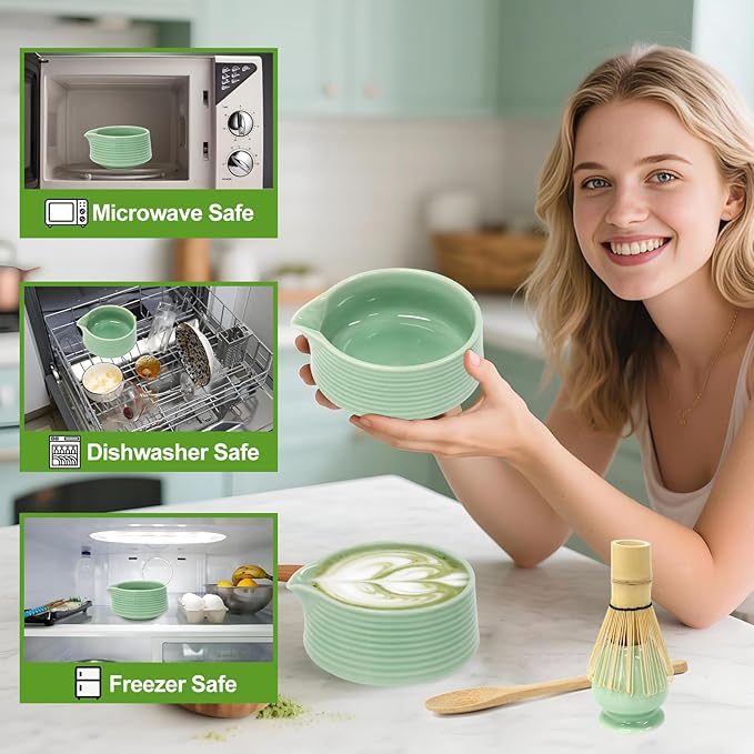 Matcha Whisk Set, 6 Pcs Matcha Set Includes Matcha Bowl with Spout, Matcha Whisk (Chasen), Matcha Whisk Holder, Sifter, Bamboo Spoon & Scoop