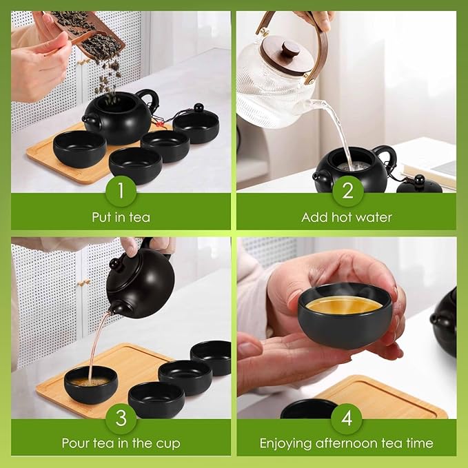 Flexzion Chinese Japanese Vintage Kungfu Gongfu Tea Set Portable Travel Teapot, (Matte Black) Porcelain Ceramic Tea Pot, 4 Tea Cup, Bamboo Tea Tray