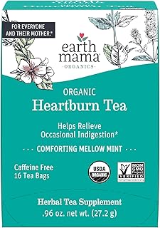 Earth Mama Organic Heartburn Tea | Pregnancy-Safe Soothing Herbal Blend with Marshmallow Root, Lemon Balm & Chamomile, 16 Teabags Per Box