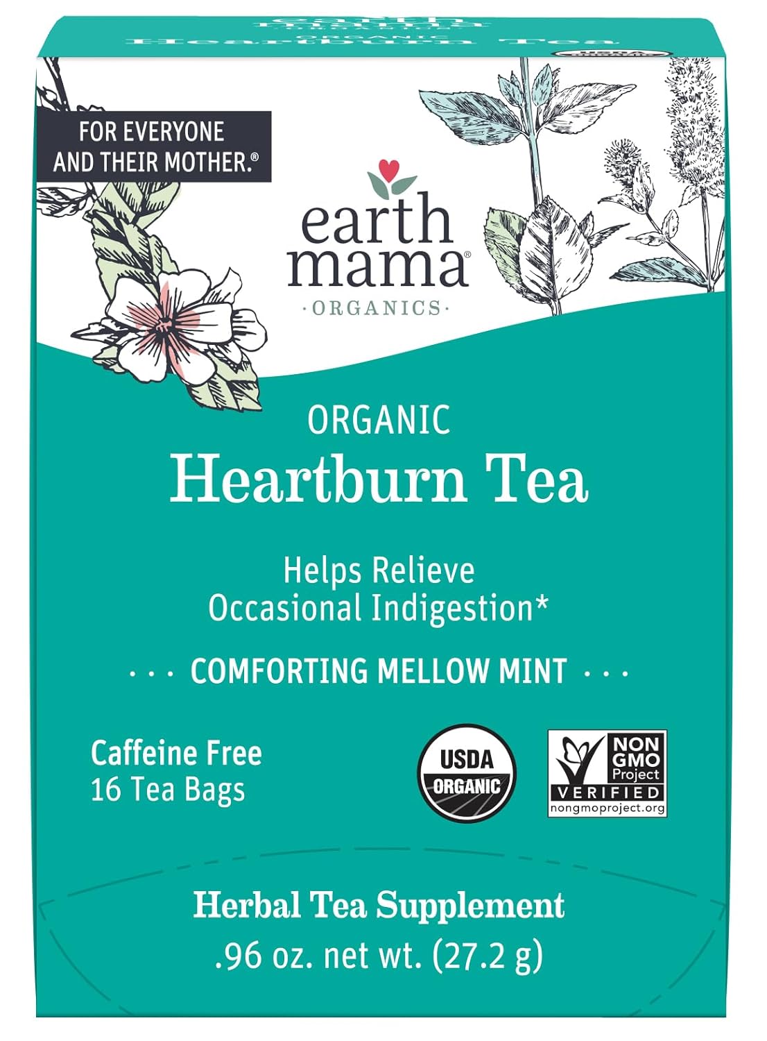 Earth Mama Organic Heartburn Tea | Pregnancy-Safe Soothing Herbal Blend with Marshmallow Root, Lemon Balm & Chamomile, 16 Teabags Per Box