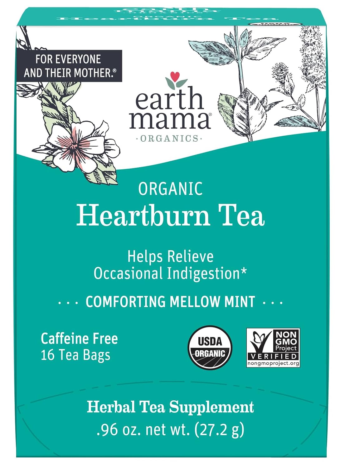 Earth Mama Organic Heartburn Tea | Soothing Herbal Blend with Marshmallow Root, Lemon Balm & Chamomile, 16 Teabags Per Box