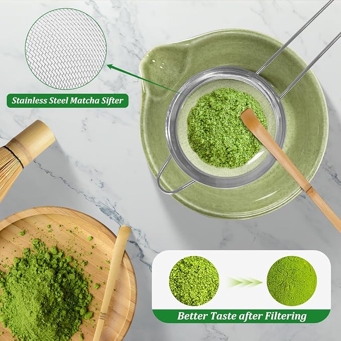 Matcha Whisk Set, 5 Pcs Matcha Kit for Matcha Lovers, 17 OZ Matcha Bowl with Spout, Bamboo Whisk, Scoop, Stainless Sifter and Ceramic Whisk Holder, Unique Gifts for Tea Enthusiasts Birthday Christmas