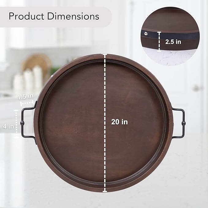 20" Extra Large Round Ottoman Tray, Heavy Duty Mango Wood, for Serving Tea, Breakfast in Bed