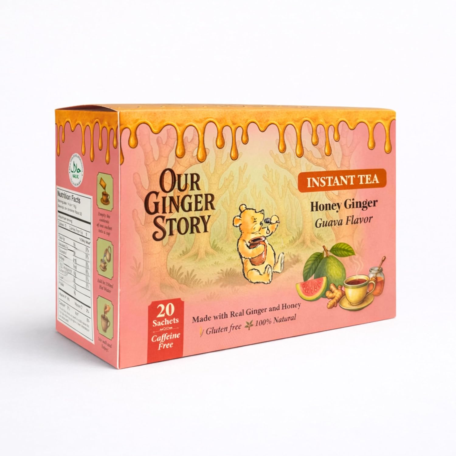 Premium Honey Ginger Instant Tea Crystals Guava Flavor 20 Sachets Real Ginger Real Honey Pure Cane Sugar Caffeine Free Hot Or Cold Single Serve Drink Mix