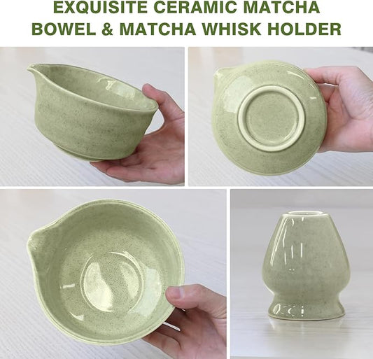 Matcha Whisk Set, 8pcs Japanese Ceremonial Matcha Kit include Mixing Bowl with Spout, Bamboo Whisk and Holder