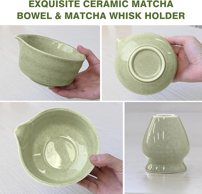 Matcha Whisk Set, Japanese Tea Set includes Matcha Bowl with Spout, Matcha Whisk and Holder, Bamboo Scoop - 4 Pcs Ceremonial Grade Matcha kit for Tea Lovers (Jade Green)