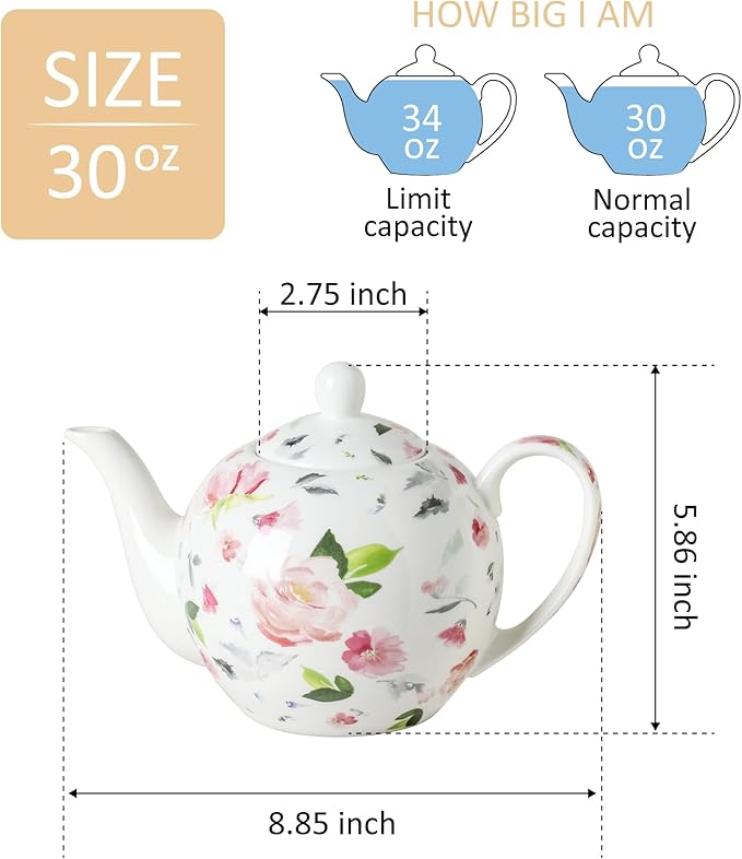 30oz Porcelain Teapot, Floral Design Ceramic Tea Pot for Loose Leaf & Bagged Tea, Classic 3-4 Cups Teapot for Daily Use & Special Occasions
