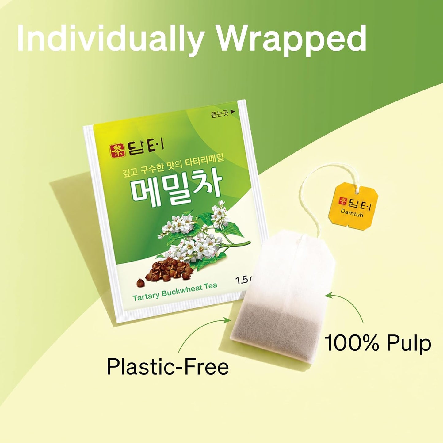 Damtuh Korean Roasted Buckwheat Tea Bags, Caffeine-Free, 100 Count | Nutty, toasty, mildly sweet; 100 percent roasted tartary buckwheat; 100 individually wrapped 1.5 g bags