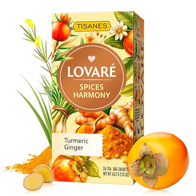 Lovare Spices Harmony Herbal Tea, Caffeine-Free Fruit & Spice Infusion, Turmeric, ginger, 24 Individually Wrapped Bags (1.8 g each)