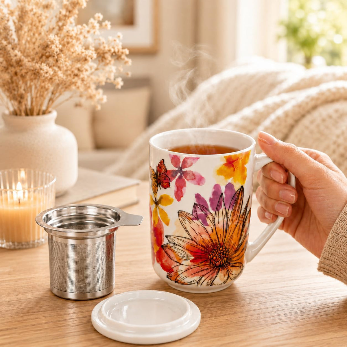 GBhome Tea Mug with Infuser and Lid,18 oz Loose Leaf Tea Cup with Steeper