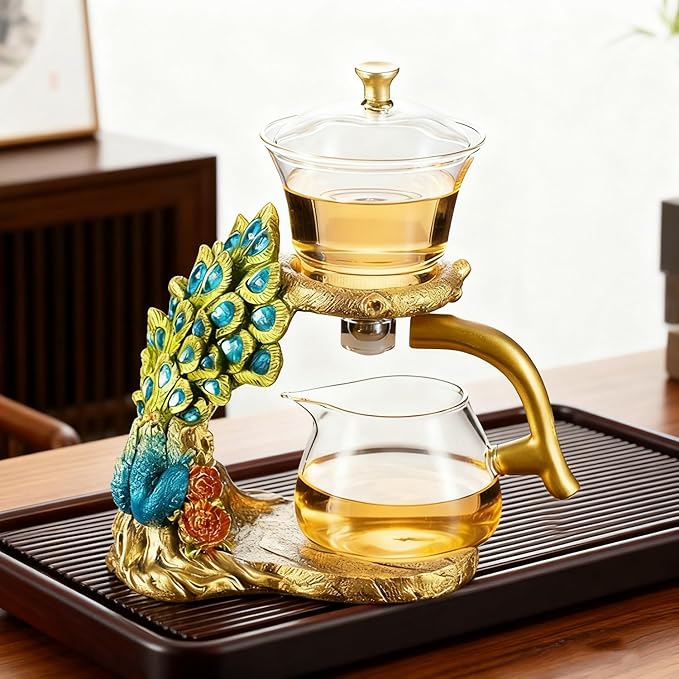 Lazy Kungfu Glass Tea Set Heat Resistant Semi Automatic Drip Rotating with Infuser Magnetic Teapot Set for Gongfu Tea Making Ideal (Peacock)