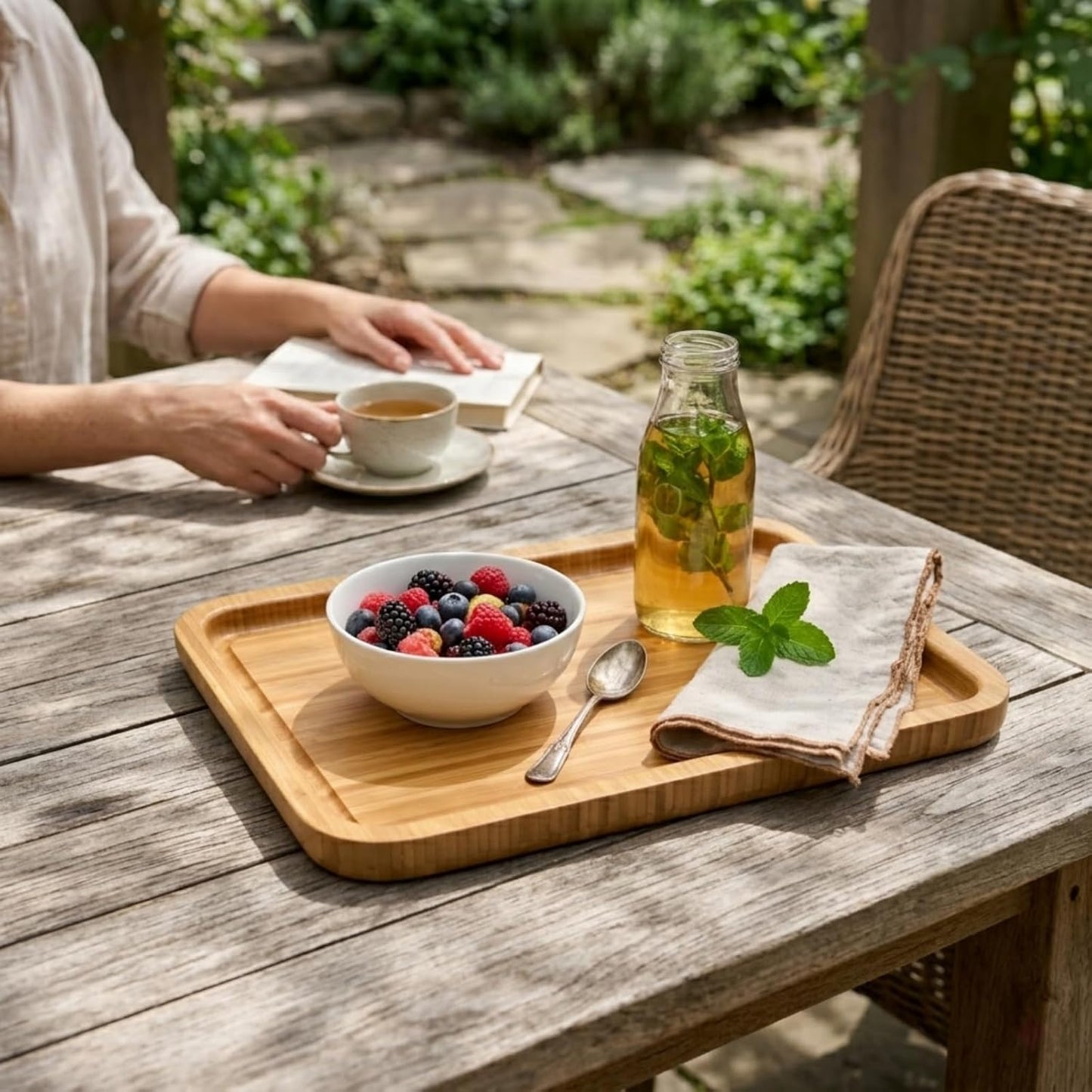 Bamber Large Size Bamboo Serving Tray, Rectangular, 15.5 x 11.8 x 0.8 Inches