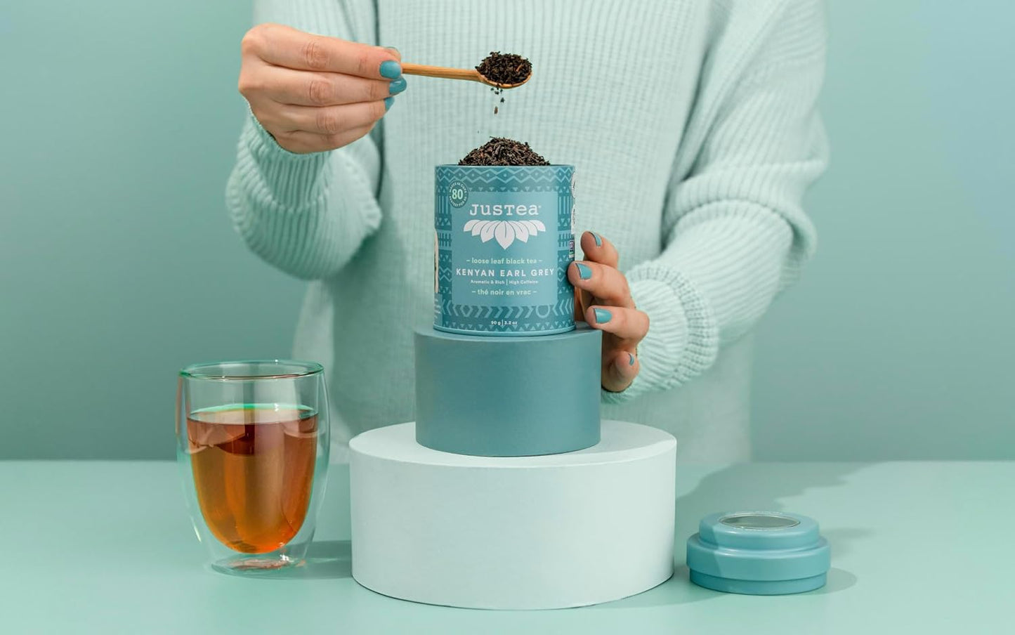 JusTea KENYAN EARL GREY Loose Black Tea, 40+ Cups Tin + Spoon, 4/5 Caffeine | Fair-Trade KENYAN EARL GREY Loose Leaf Black Tea. 90g/3.2oz Reusable Tin with a Hand-Carved Tea Spoon. 4/5 Caffeine. Organic.