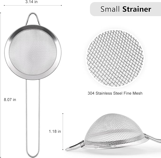D Fine Mesh Strainer, Stainless Steel Sieve Sifter with Handle, Small Metal Strainer for Loose Tea, Juice, Drink, Herbs, Mini Sifter for Flour
