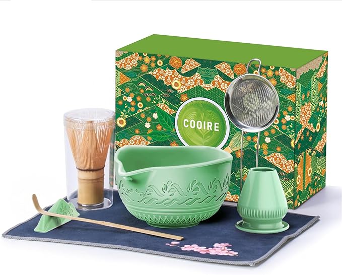 Green Matcha Whisk Set: Ceramic Matcha Set for Frothy Tea Ceremony Bowl & Whisk for Your Morning Ritual, Gift for Tea Lovers & Beginners