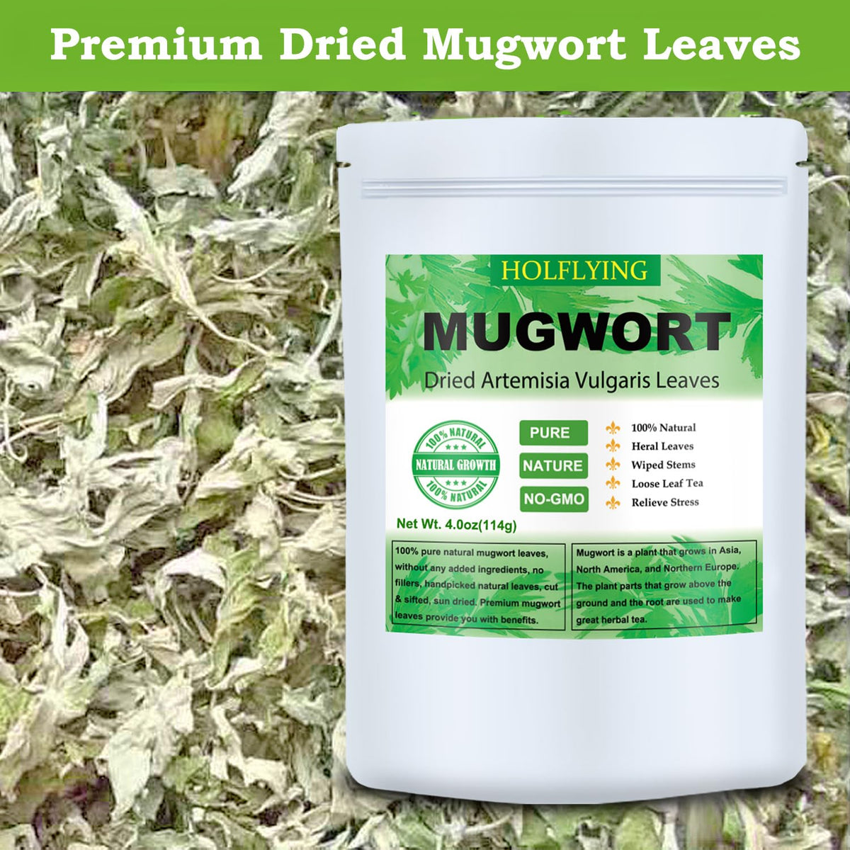 HOLFLYING Dried Mugwort Leaves, 4oz(114g), Natural Artemisia Vulgaris Herb Loose Leaves, 100% Natural Mugwort Tea, No Gmo