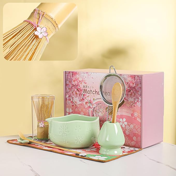 Handcrafted Matcha Bowl Set 8pc - Japanese Style Ceramic Chawan Tea Cups with Floral Art & Wavy Rim 