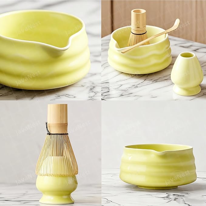 Matcha Bowl with Pour Spout & Whisk Holder, Traditional Japanese Ceramic Chawan Tea Set, Thick Non-Slip Matcha Mixing Bowl for Whisking & Pouring