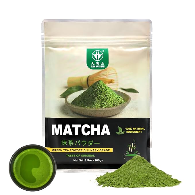 TIAN HU SHAN Matcha Green Tea Powder 3.5oz/100g, Pure Matcha Powder Culinary Grade Unsweetened for Lattes, Cooking, Baking, Vegan 100% Natural （Package May Vary)