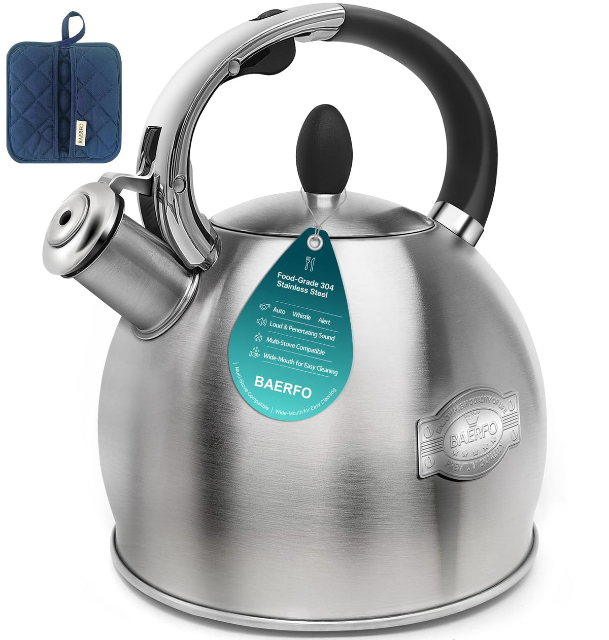 BAERFO Whistling Stovetop Tea Kettle, 2.64 Qt 304 Stainless Steel （Brushed）