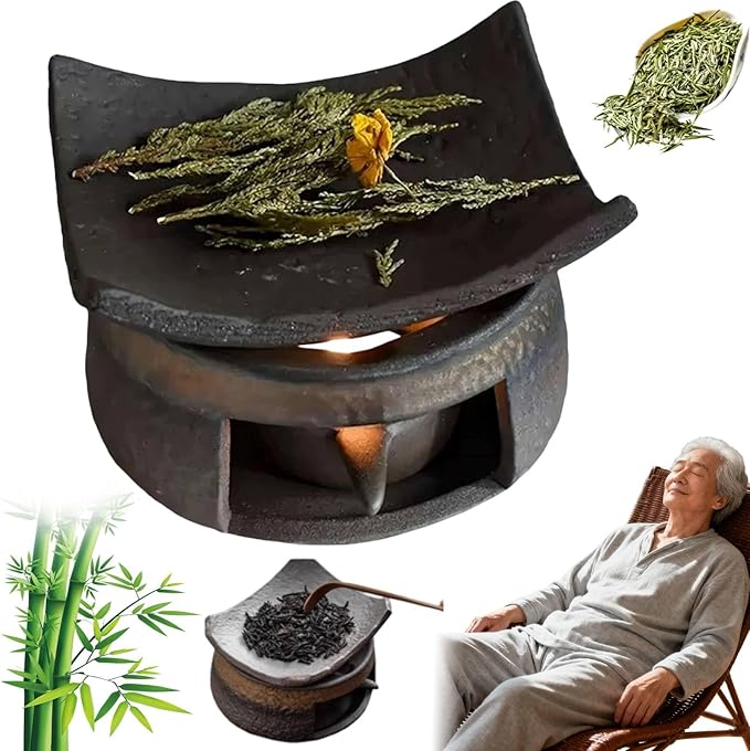 Ceramic Tea Stove Warmer Set, Cedar and Zen Aromatherapy Burner,Handmade Ceramic Candle Wax Melts Warmer with Tealight Holder,Multi-Functional Teapot and Heater,for Home Office Hotel Meditation (A)