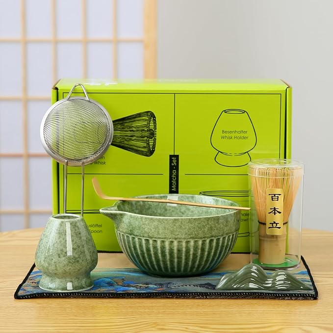 7pcs Matcha Whisk Set for the Perfect Tea Ceremony - Matcha Bowl with Spout, Whisk, and Scoop Matcha Whisk